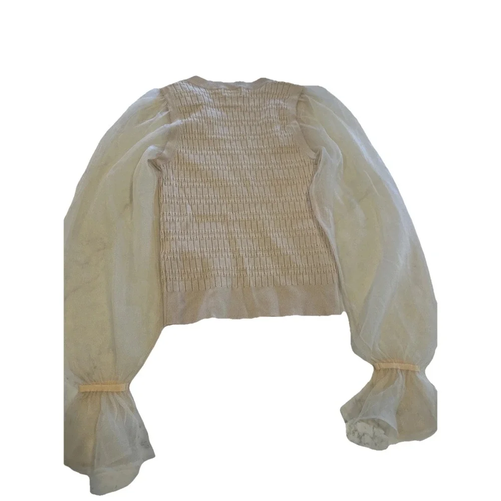 ANTHROPOLOGIE MAEVE Ivory XXS Sheer Organza Sleeve Textured Knit V-Neck Pullover